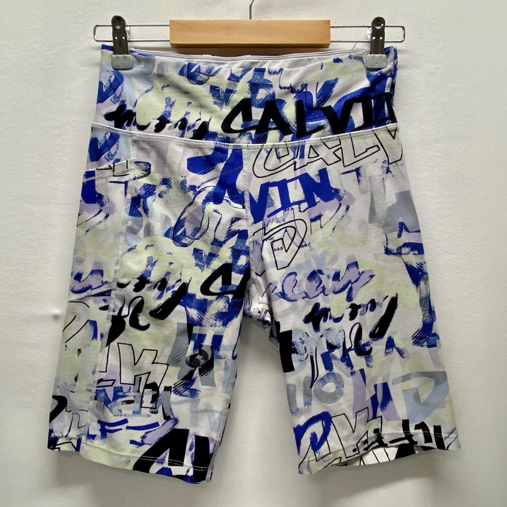 Calvin Klein Bike Shorts Women's Medium Blue Graffiti Logo High Waist Pockets